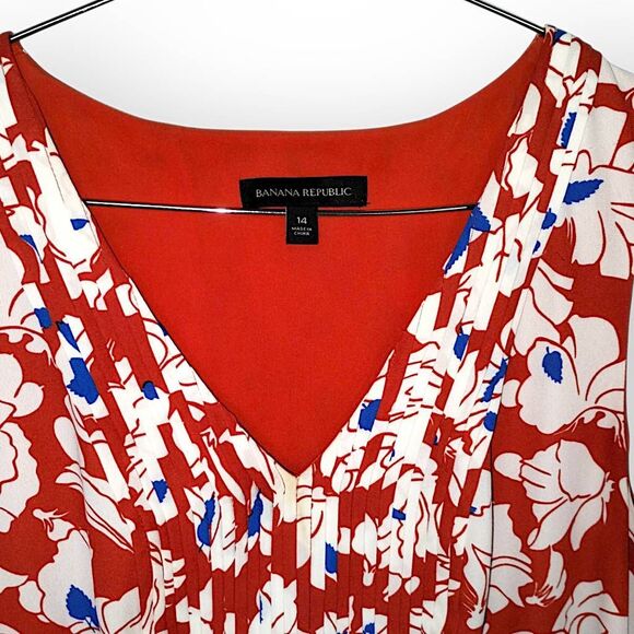 Banana Republic Dress Size‎ 14 Floral Pleated Sleeveless V Neck Red White Blue - Picture 5 of 13